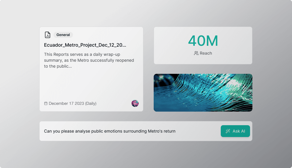 Risk-intelligence platform interface showing a project report, reach metric, and Ask AI prompt