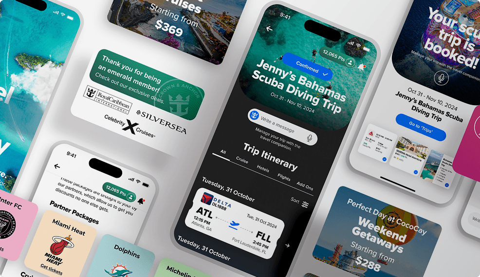 Royal Caribbean mobile product concepts for trip planning, itineraries, offers, and partner packages